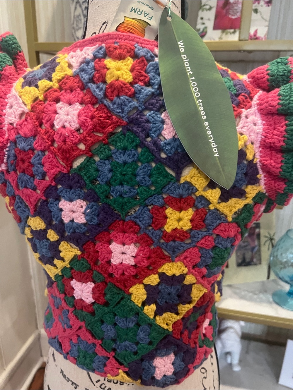 FARM Rio Multicolor Crochet Granny-Square Ruffle Sleeve sweater top XS - Picture 3 of 5